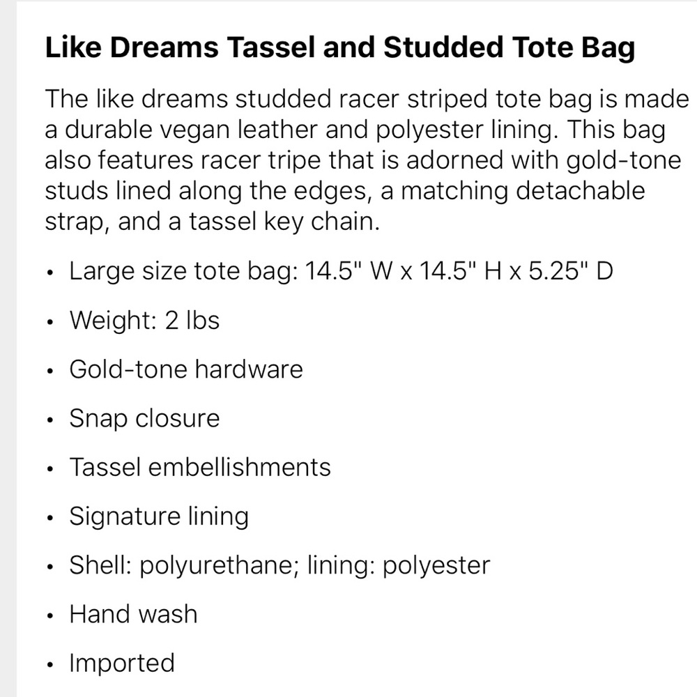 Like Dreams Studded & Tassel Vegan Tote Bag NWT - Picture 5 of 5